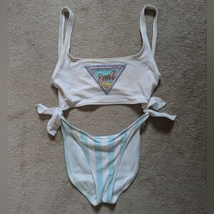Vtg 80s Ocean Pacific Striped Tie Waist Cut Out One Piece - Beach Surf